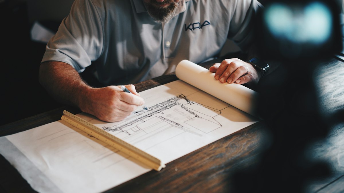 Architecte dessinant un plan au crayon