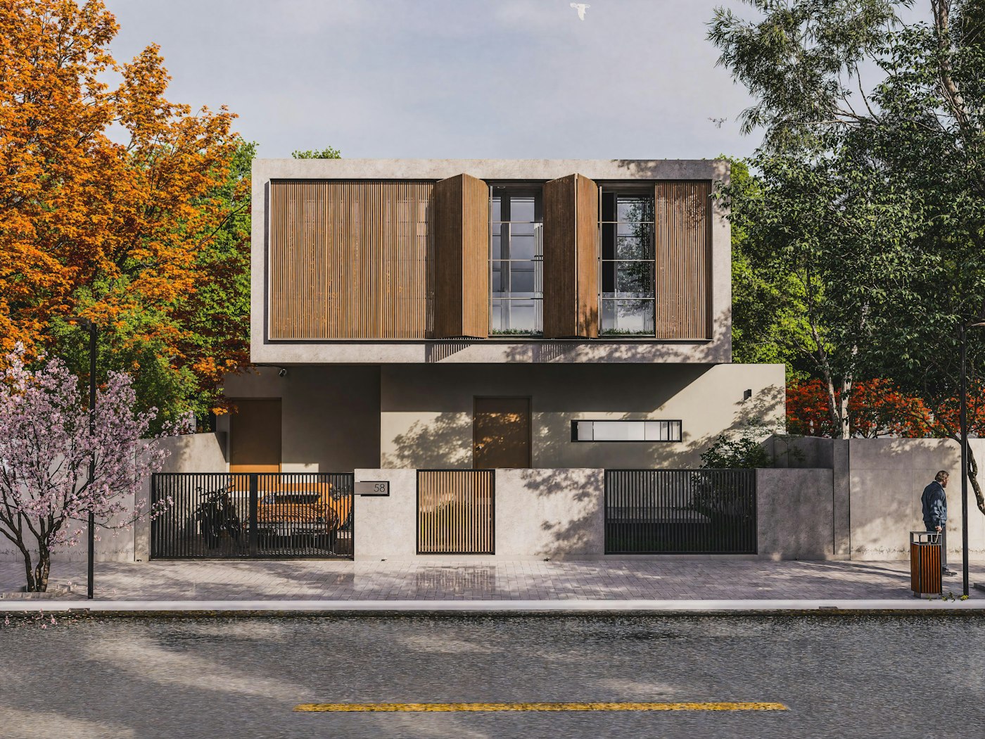 Maison moderne en béton et bois entourée d'arbres